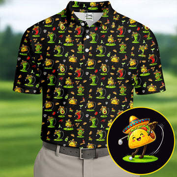 Mexican Cartoon Food Characters Cinco De Mayo Celebration Fiesta Themed Black Golf Shirts For Men