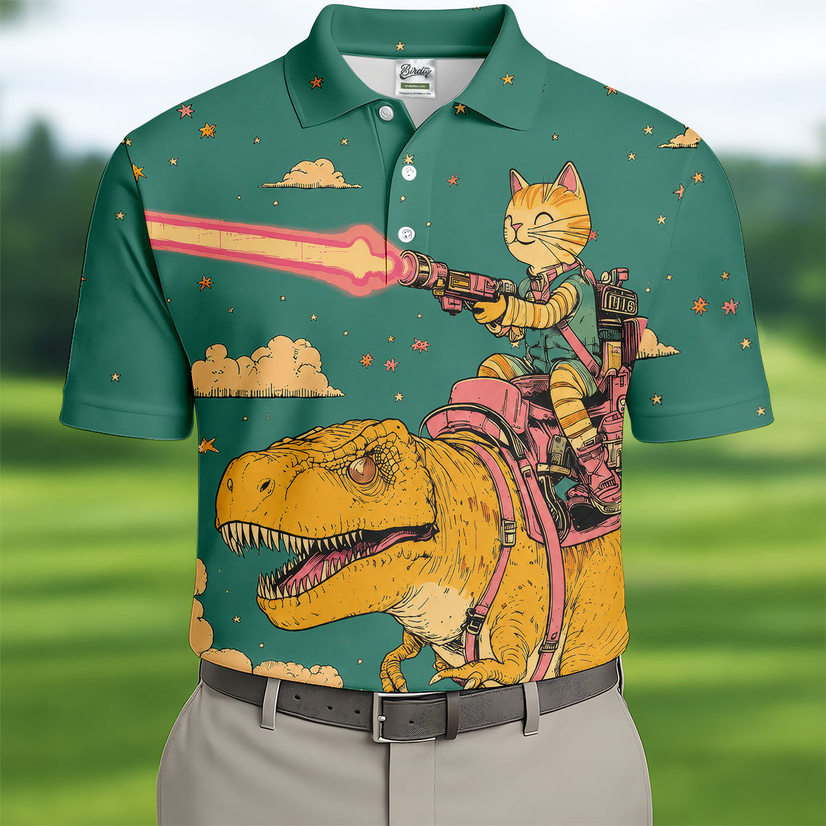 Laser Cat Dinosaur Golf Shirt, Retro Sci Fi T Rex Adventure Pattern, Golf Shirt For Men