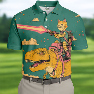 Laser Cat Dinosaur Golf Shirt, Retro Sci Fi T Rex Adventure Pattern, Golf Shirt For Men