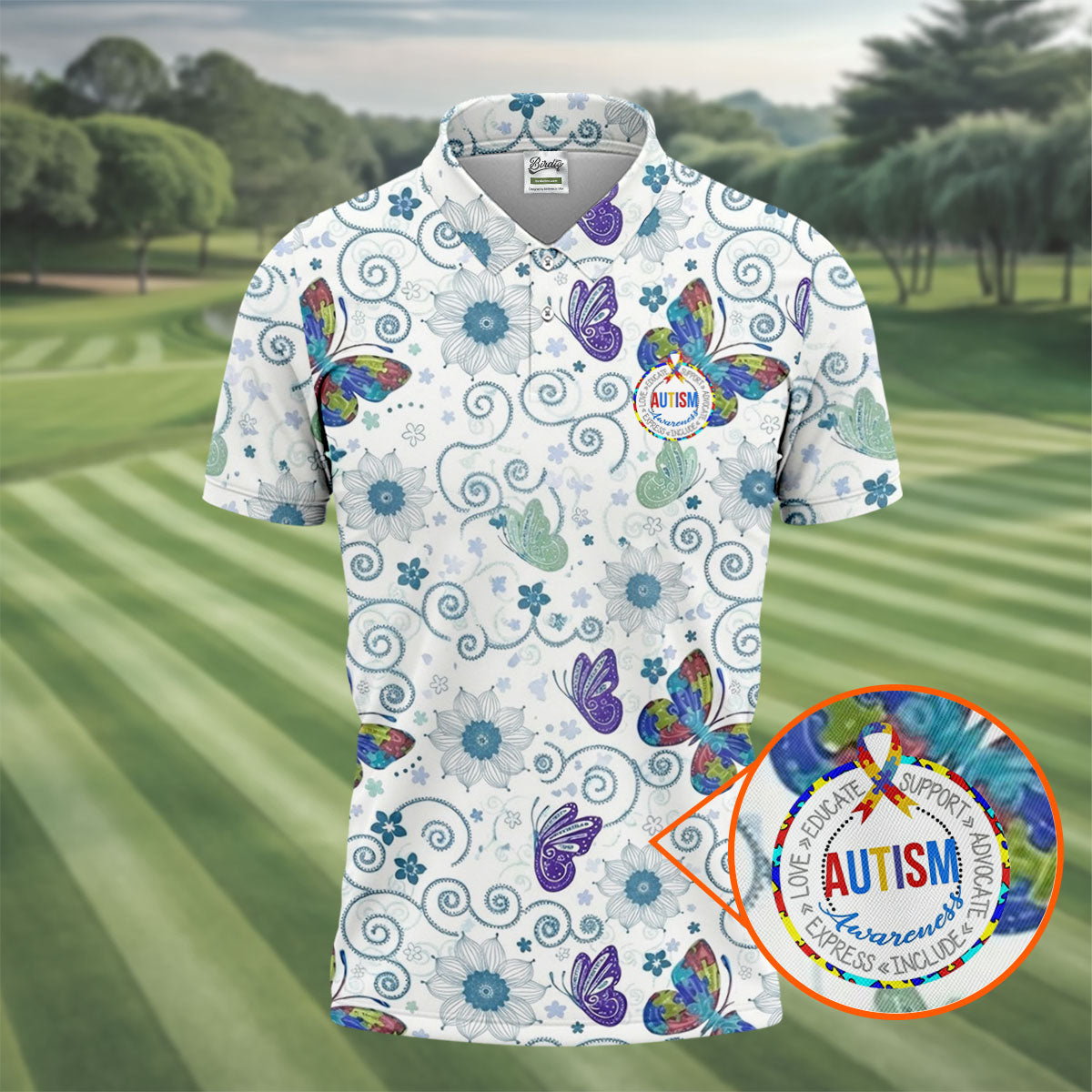 Autism Awareness Flower And Butterfly Puzzle Ribbon Men's Golf Shirt, Polo ShirtFor Men