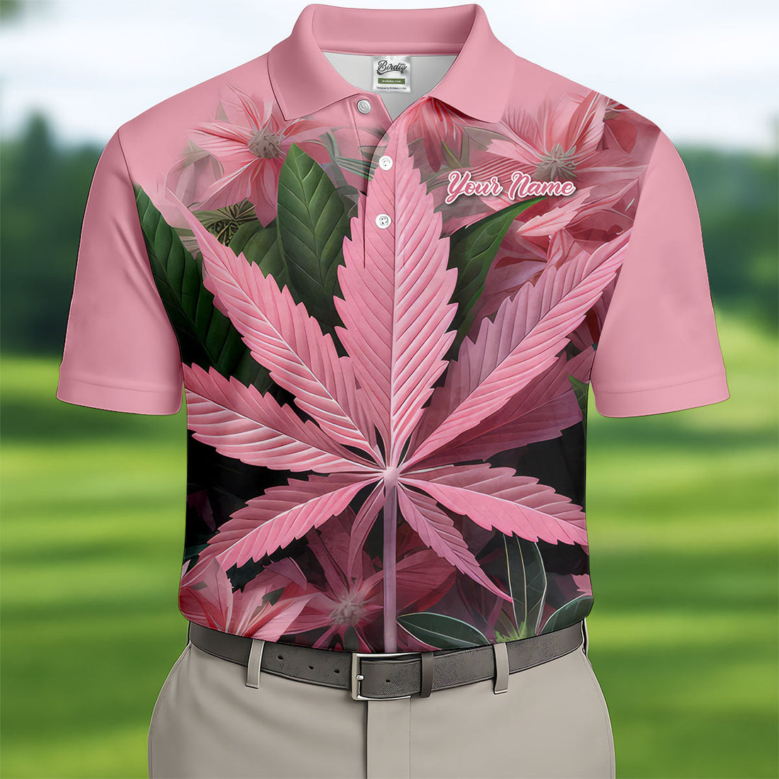 Pink Marijuana Leaf Men's Golf Shirt, Funny Weed Golf Shirt, Custom Mens Golf Shirt