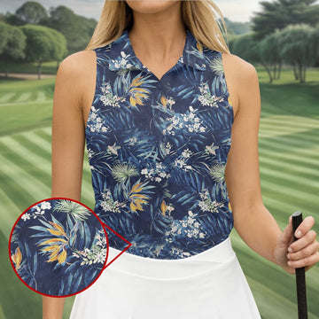 Navy Palm Tropical Hawaiian Vibe Women's Golf Shirts, Women's Golf Tops, Ladies Golf Shirts