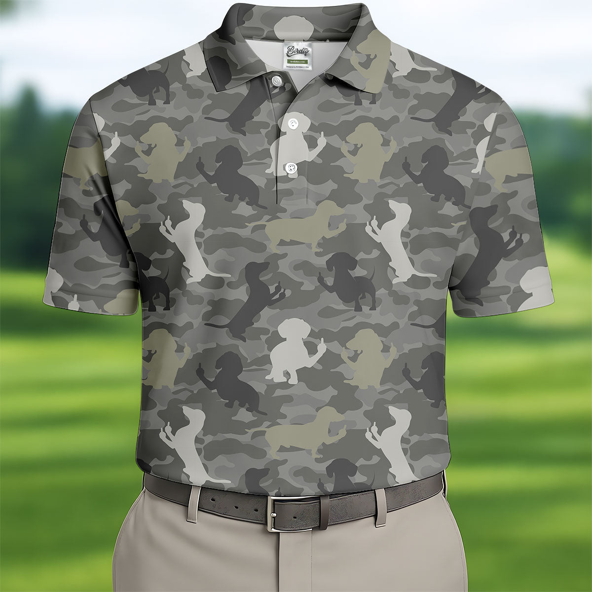 Grey Camo Poodle Dog Pattern Golf Shirt, Mens Polo Shirt, Golf Shirts For Men, Performance Golf Shirt