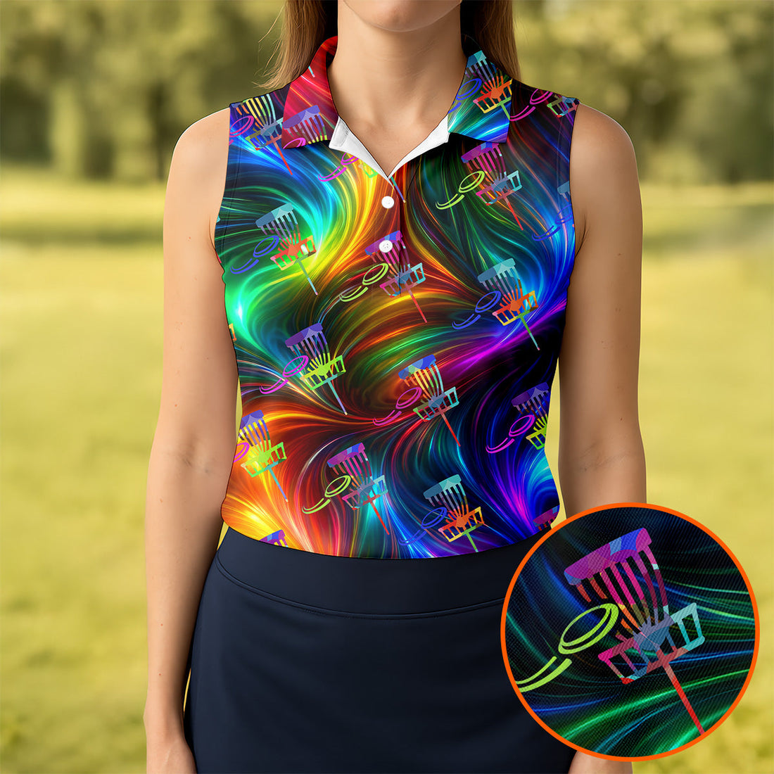 Colorful Disc Golf Basket Swirl Pattern Polo Shirt, Women’s Golf Tops, Hawaiian Golf Shirt, Performance Golf Shirt