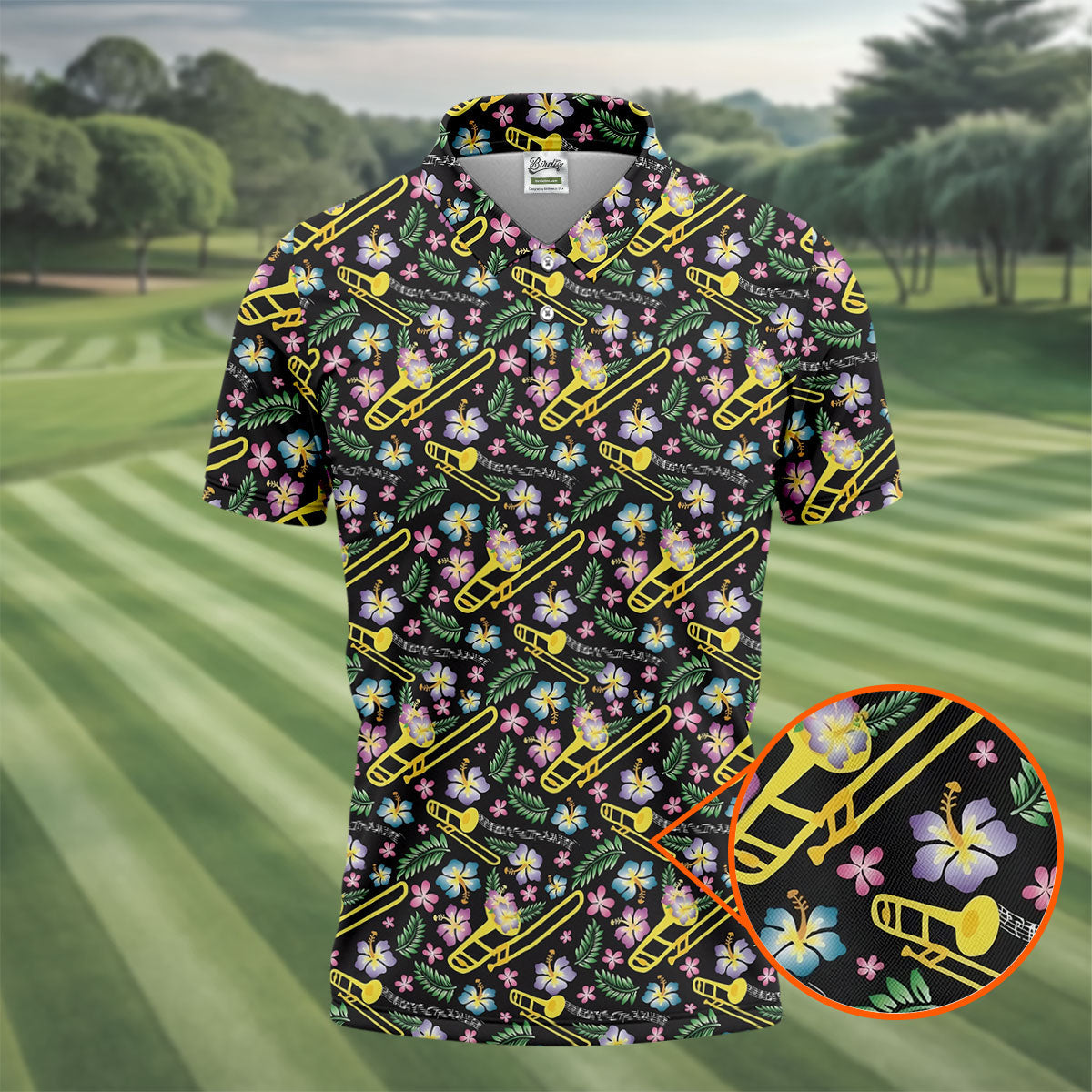 Trombones Floral Tropical Vibe Golf Tops For Men, Polo ShirtFor Men, Golf Shirts For Men