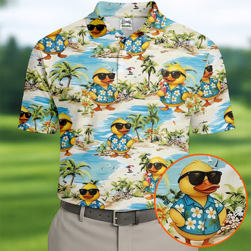 Cute Funny Duck Hawaiian Golf Shirt, Beach Theme Men's Golf Shirt, Polo Shirts For Men