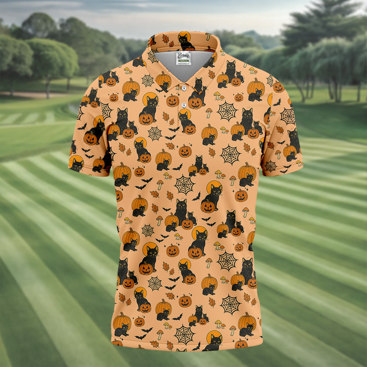 Black Cat Pumpkin Halloween Golf Shirt, Orange Golf Shirt, Mens Golf Polo Shirt Golfing Apparel