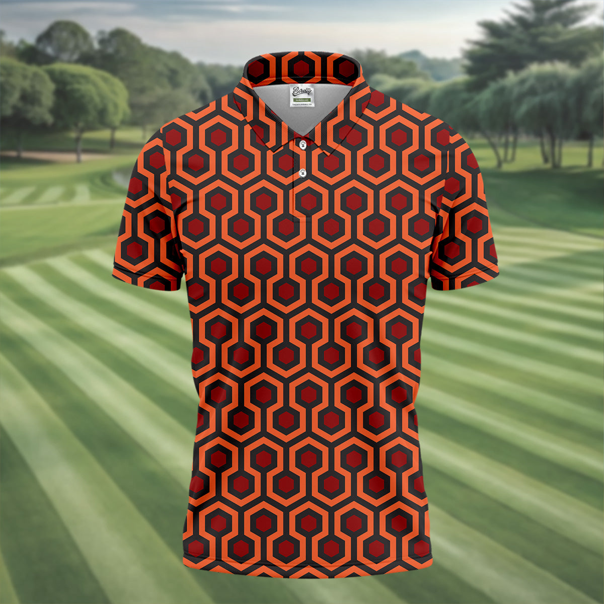 Spooky Hotel Carpet Horror Pattern Mens Golf Polo Shirt Pattern Golf Shirt, Halloween Golf Shirts, Golf Shirts For Men