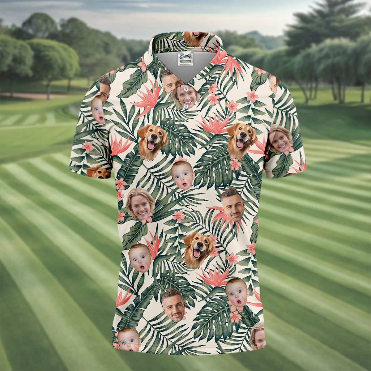 Tropical Floral Pattern Custom Hawaiian Shirts With Face, Men Polo ShirtLong Sleeve Golf Shirts