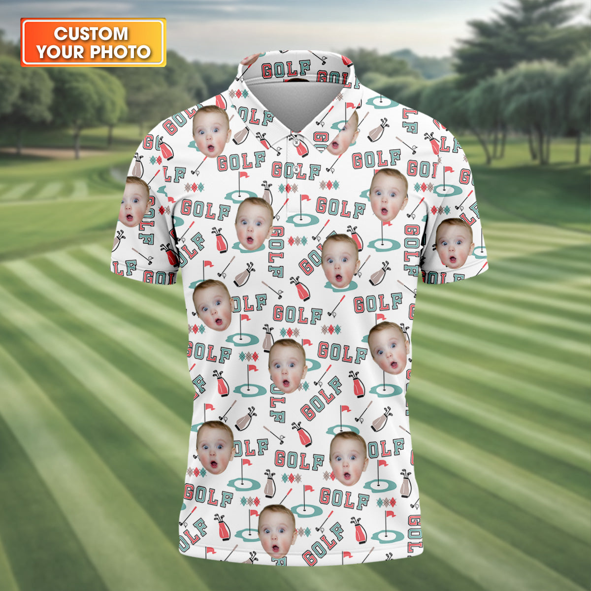 Custom Kid Face Photo, Funny Polo Golf Shirt, Gifts For The Golfing Dad, Christmas Golf Gift