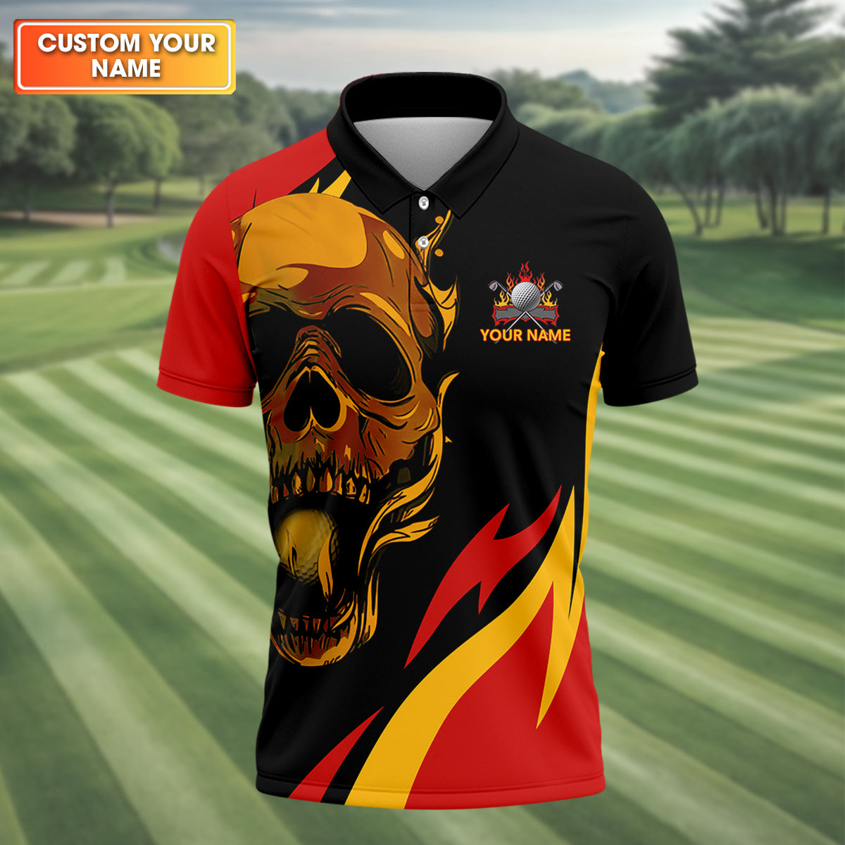 Custom Fire Skull Men's Golf Polo ShirtMens Golf Gift, Funny Golf Shirt