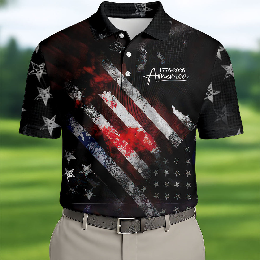 1776-2026 America Distressed Flag Black Golf Shirt, Patriotic 4th Of July Golf Shirts For Men