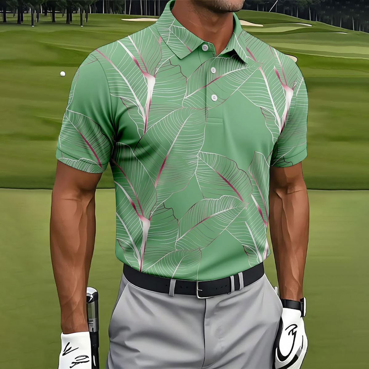 Tropical Leaves Green Golf Shirt, Summer Hawaiian Golf Shirt, Golf Shirts For Men