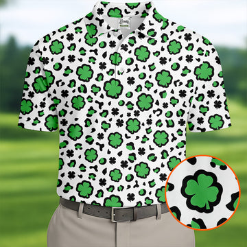 Lucky Four Leaf Clover Leopard Pattern St Patrick's Day Golf Shirt, Polo ShirtFor Men, Golf Shirts For Men