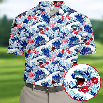 Funny Shark Japanese Wave Hawaiian Golf Shirt, Men's Golf Shirt, Polo Shirts For Men