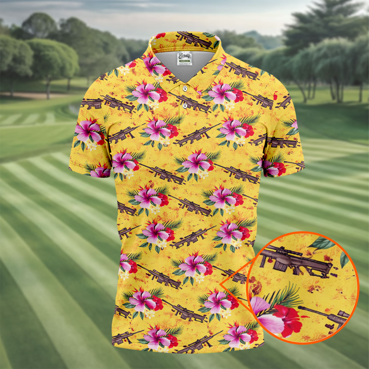 Floral Pattern Army Theme Hawaiian Yellow Golf Shirt, Men's Golf Polo Shirtlf Shirts For Men