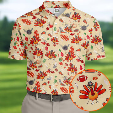 Funny Turkey Hawaiian Pattern Thanksgiving Golf Tops For Men, Fun Golf Shirts For Men, Polo ShirtFor Men