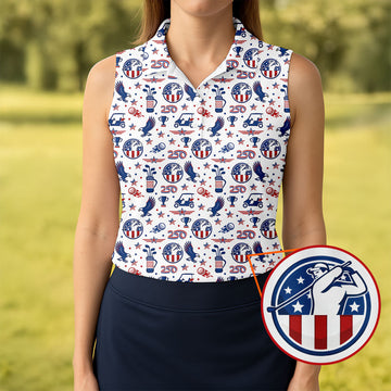 Bald Eagle American Flag Golf Pattern 4th Of July Women Golf Top, 250th Anniversary Patriotic Golf Shirt