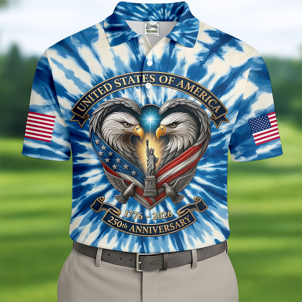 USA 250th Anniversary Tie Dye Print Bald Eagle Golf Shirt, Patriotic 4th Of July Golf Shirts For Men