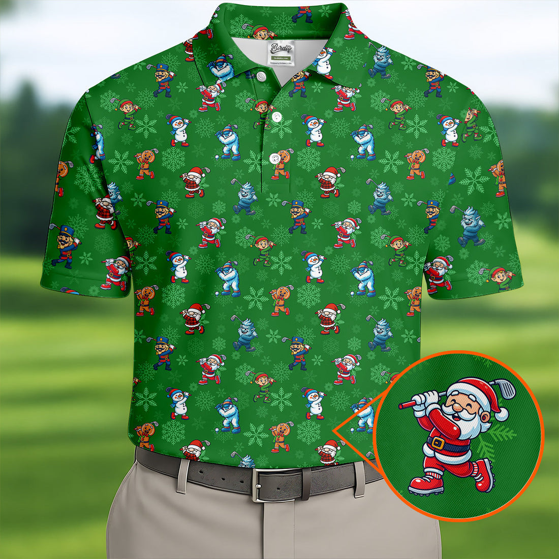 Funny Christmas Characters Golf Pose Green Golf Shirt, Christmas Golf Shirt, Polo ShirtFor Men