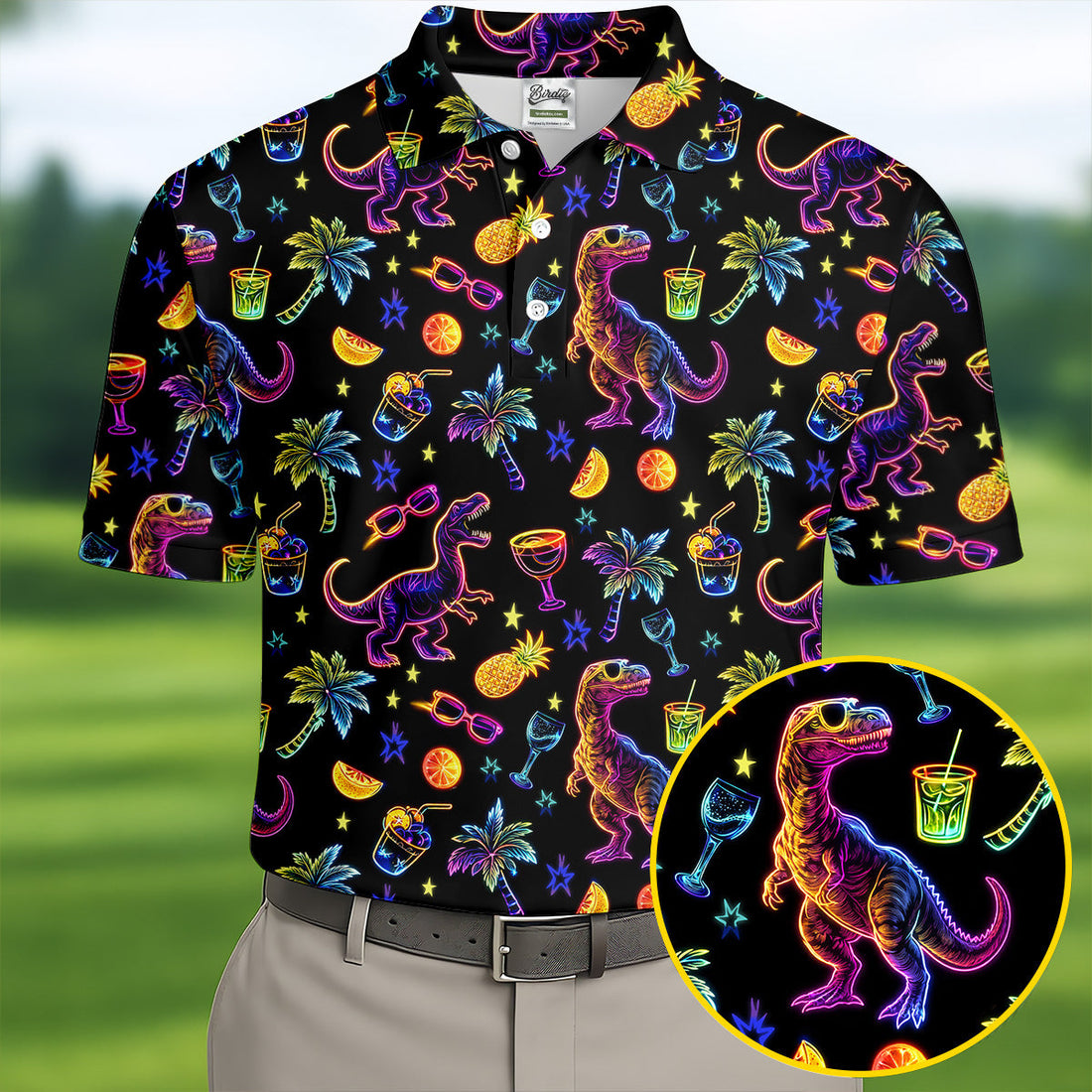 Neon Dinosaur Tropical Theme Hawaiian Golf Shirt, Polo Shirtor Men, Golfing Apparel
