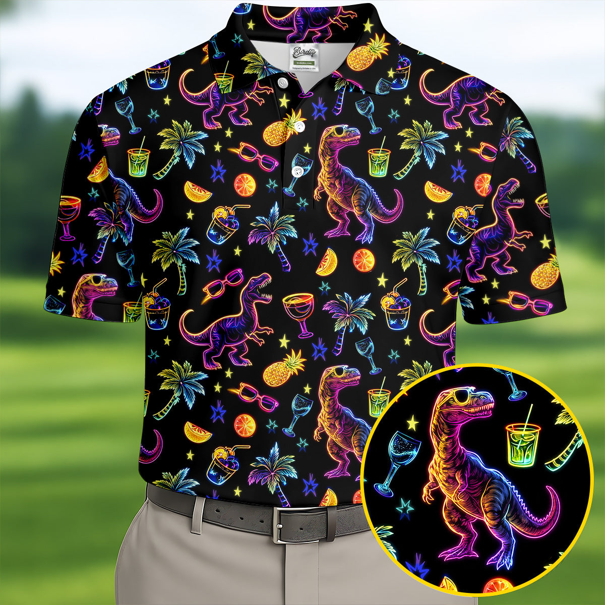 Neon Dinosaur Tropical Theme Hawaiian Golf Shirt, Polo Shirtor Men, Golfing Apparel