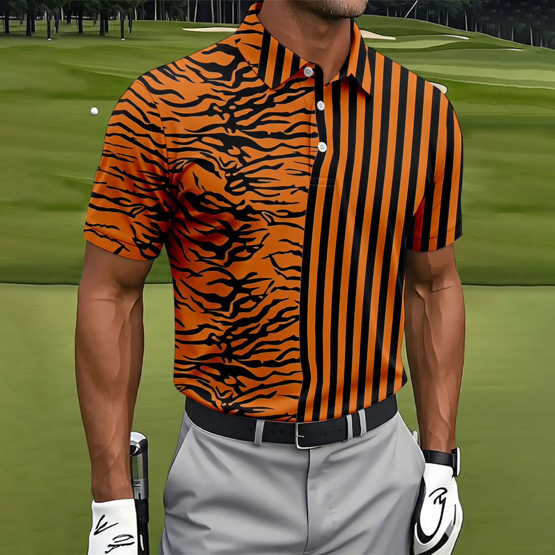 Orange Tiger Stripe Split Pattern Golf Shirt, Mens Golf Polo, Golf Apparel For Men, Golf Polo Shirts For Men