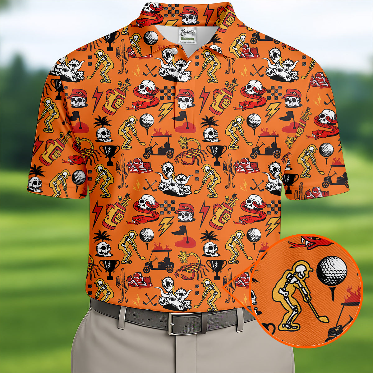 Horror Pattern Orange Halloween Golf Tops For Men, Fun Golf Shirts For Men, Halloween Gift Idea