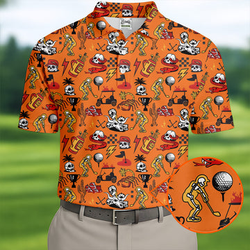 Horror Pattern Orange Halloween Golf Tops For Men, Fun Golf Shirts For Men, Halloween Gift Idea