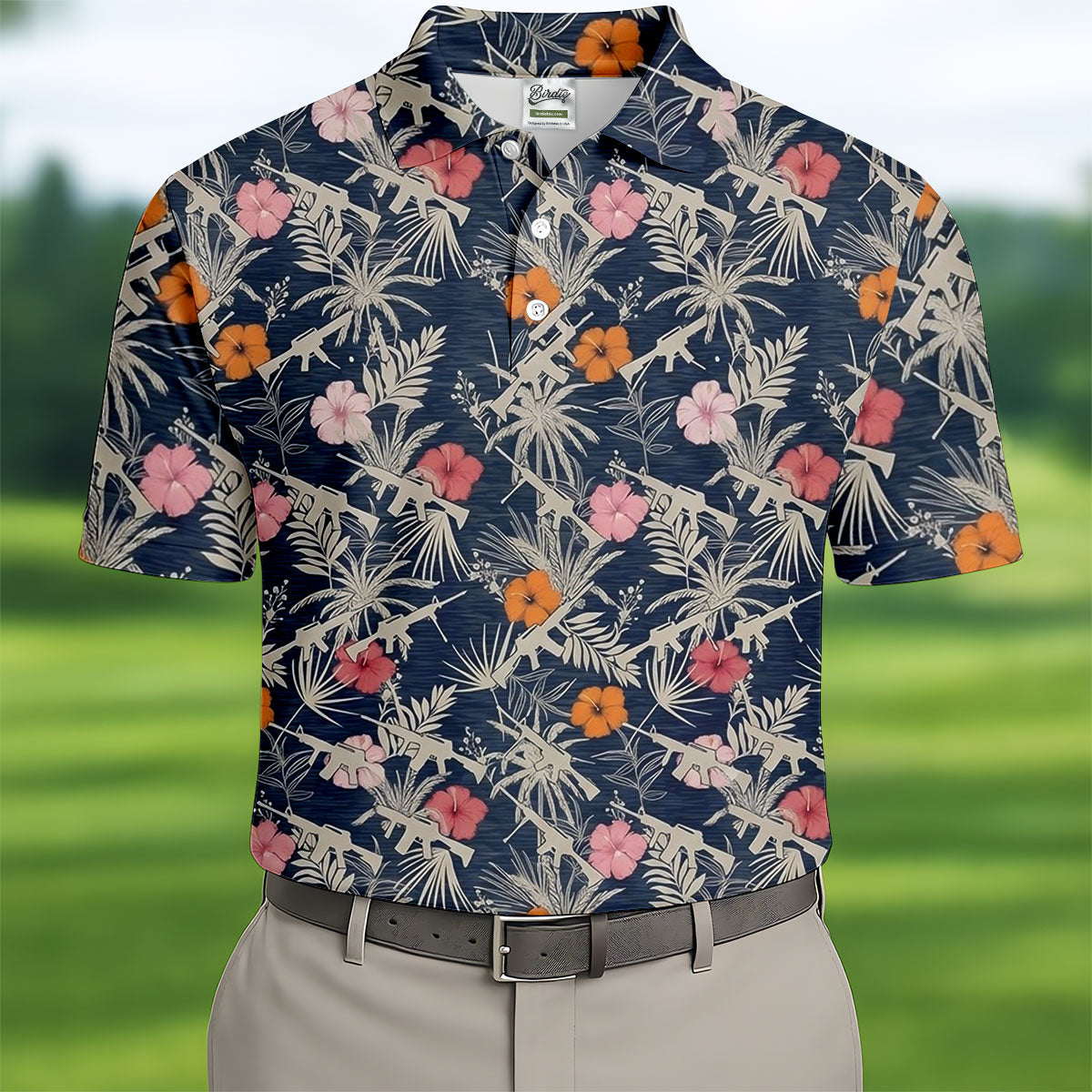 Hawaiian Hibicus Military Theme Navy Golf Shirt, Golf Shirts For Men, Polo ShirtFor Men