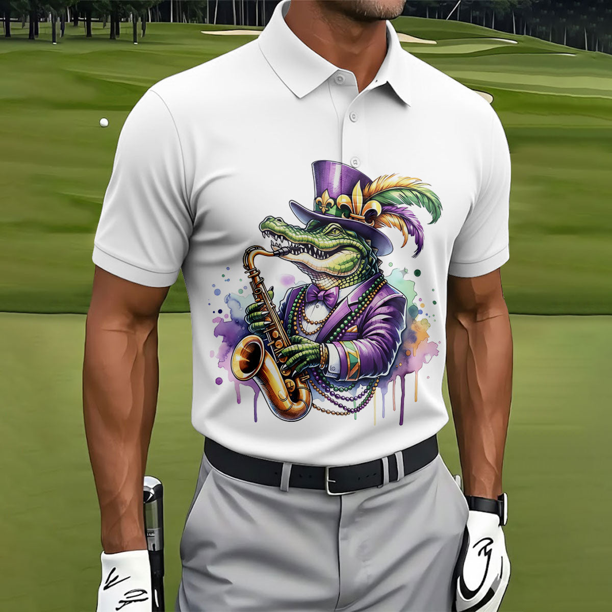 Mardi Gras Alligator Playing Saxophone White Golf Shirt, Golf Shirts For Men, Polo Shirt Men