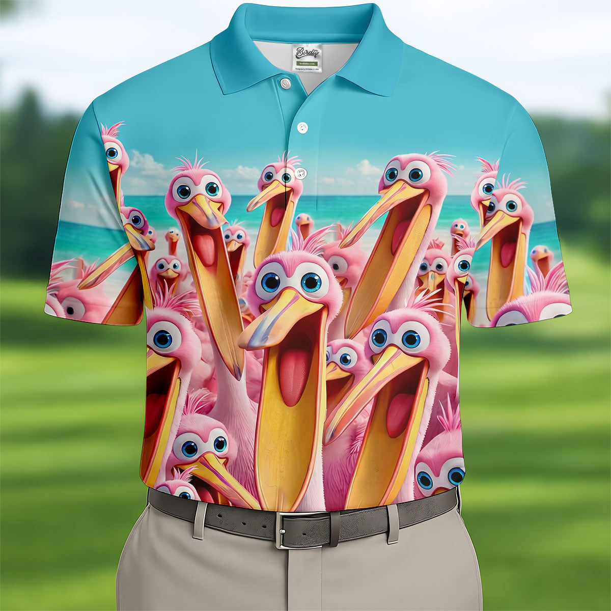 Funny Pink Pelican Beach Crowd Design Hawaiian Golf Shirt, Golf Shirts For Men, Polo Shirts For Men