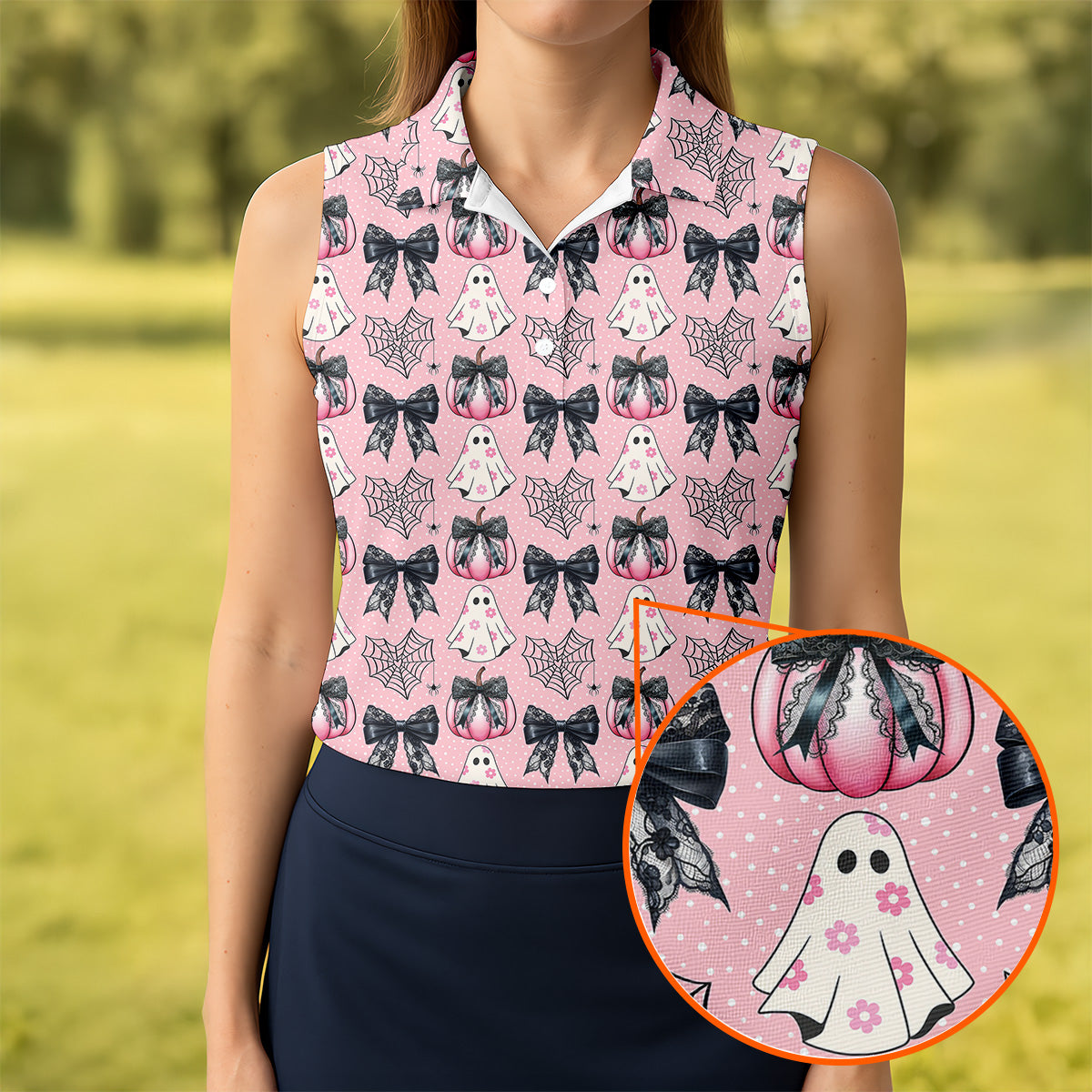 Coquette Pumpkin Boo Pink And Black Cute Golf Outfit, Fun Women's Golf Shirts, Ladies Golf Polos