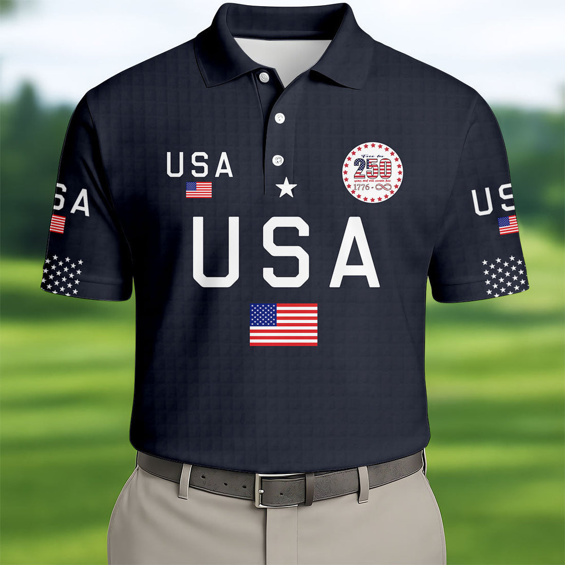 Free For 250 Years Black Patriotic Golf Shirt, 4th Of July Golf Shirt, 250th Anniversary Polo Shirts For Men