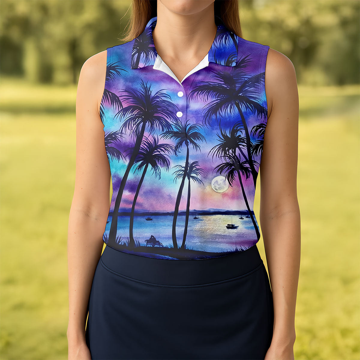 Moonlit Tropical Beach Palm Tree Golf Shirt, Women's Golf Shirt, Hawaiian Golf Shirt, Golf Polo For Women