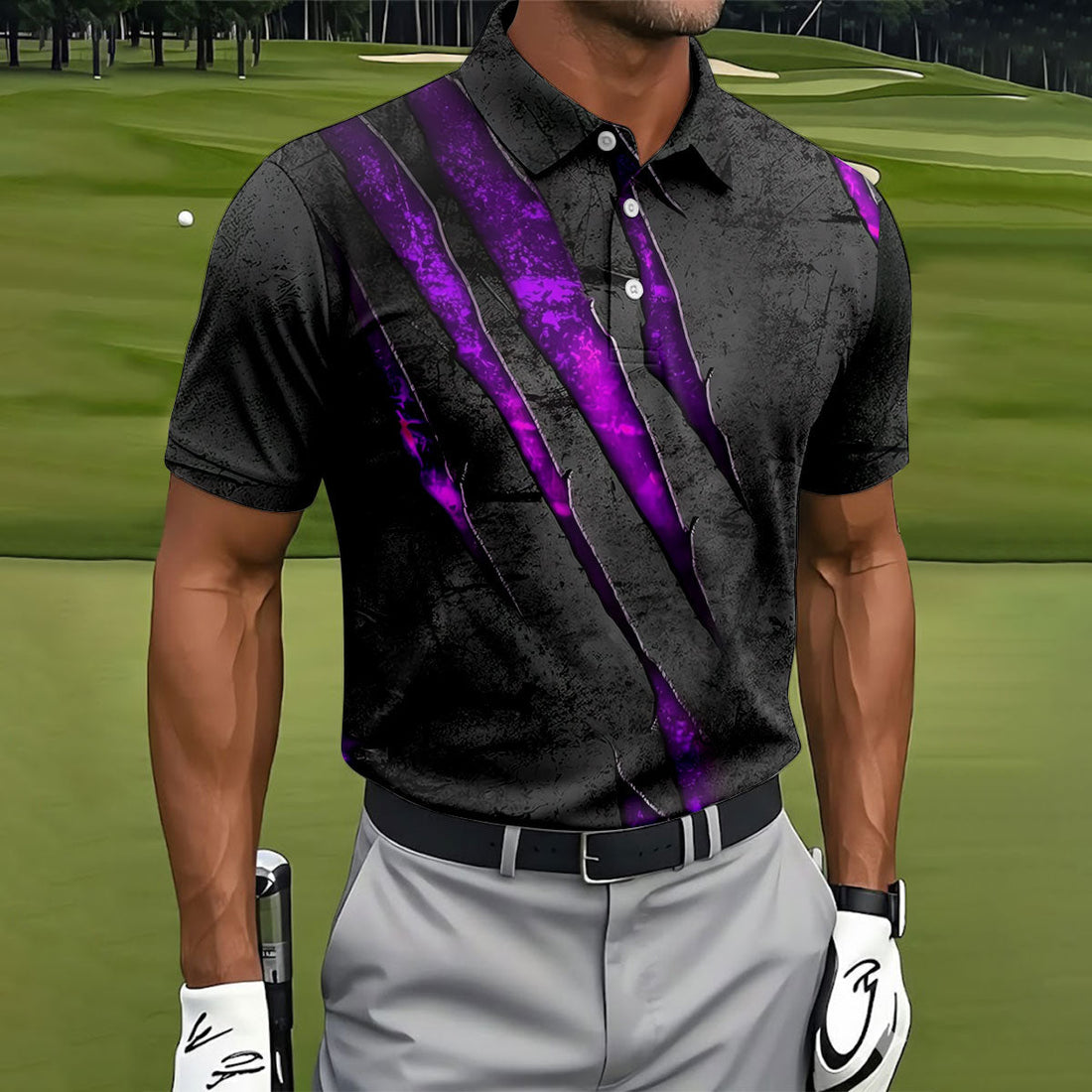 Purple Claw Marks Hawaiian Golf Shirt, Scratch Print Men's Golf Shirt, Polo Shirts For Men