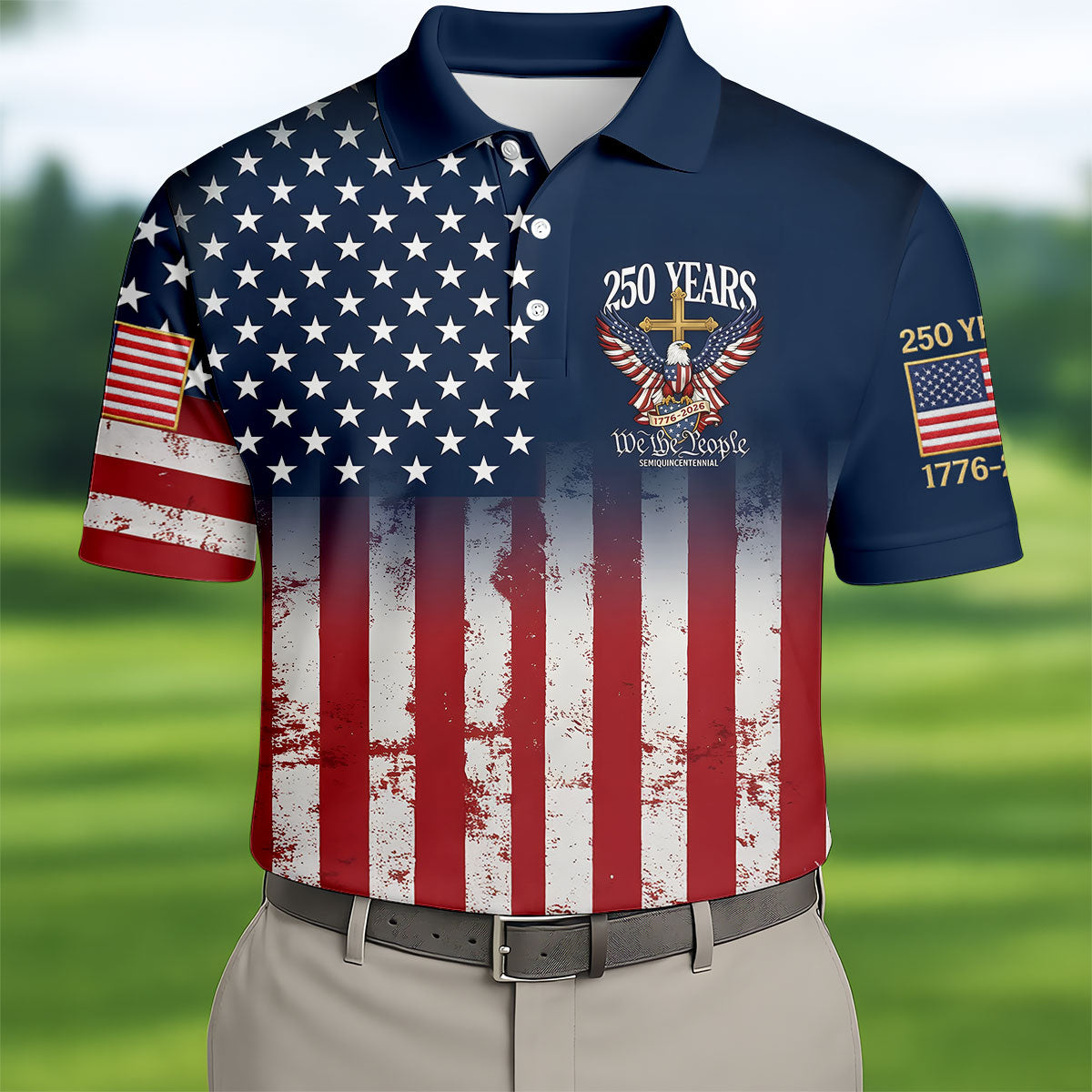 250 Years We The People Bald Eagle US Flag Cross Faith Golf Shirts For Men, Patriotic Golf Shirt