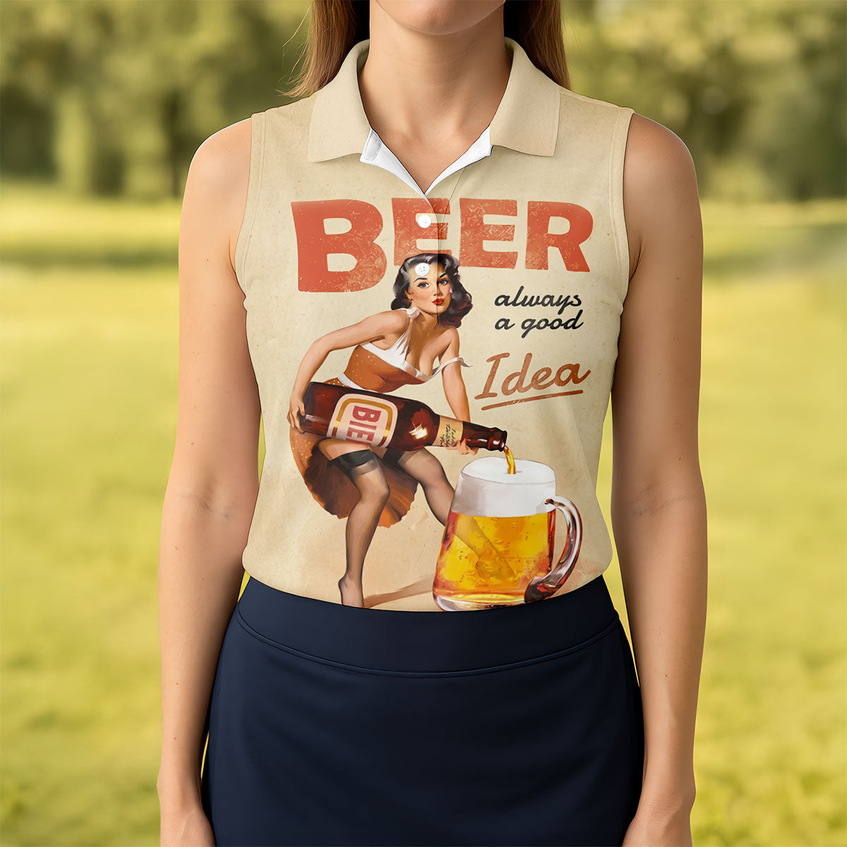 Vintage Beer Pin-Up Girl Design Golf Shirt, Women's Golf Shirt, Hawaiian Golf Shirt, Golf Polo For Women