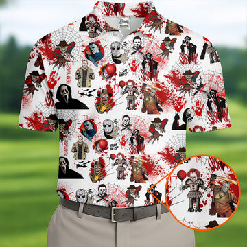 Horror Villain Blood Splatter Print Golf Tops For Men, Halloween Golf Shirt, Polo ShirtFor Men, Golfing Apparel
