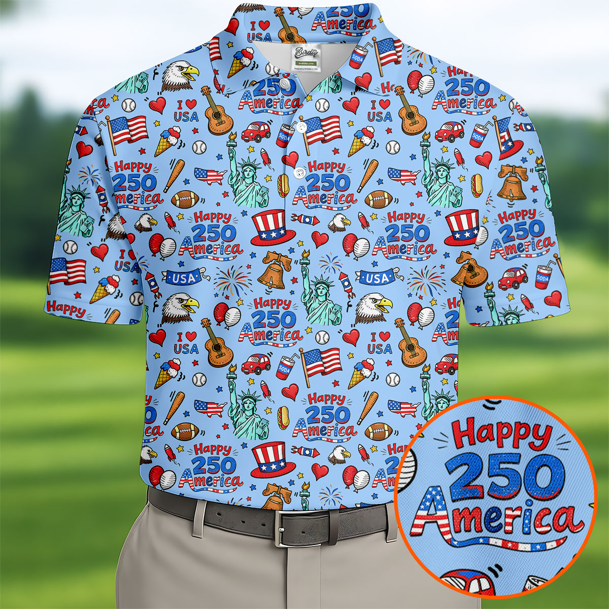 Happy 250 America Independence Celebration Blue Golf Shirt, Patriotic 4th Of July Golf Shirts For Men