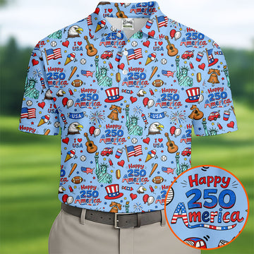Happy 250 America Independence Celebration Blue Golf Shirt, Patriotic 4th Of July Golf Shirts For Men