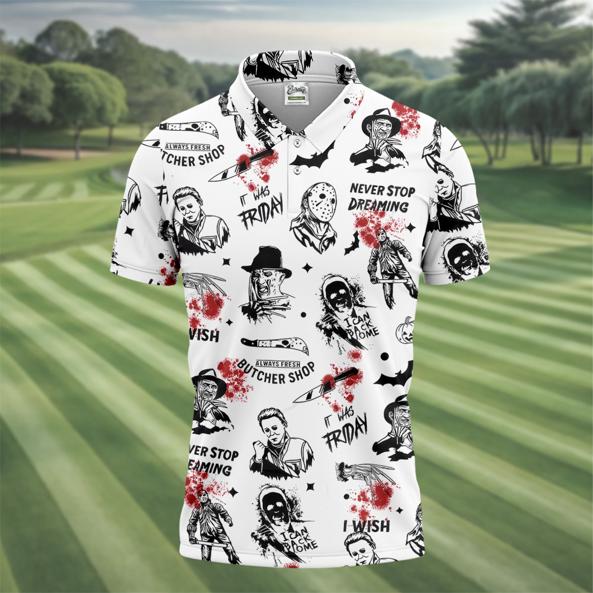 Horror Halloween Character White Golf Shirt, Fun Golf Shirts For Men, Horror Movie Shirt
