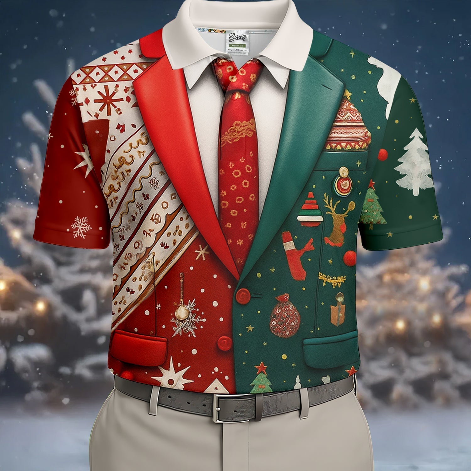 Red And Green Xmas Vintage Prints Men's Golf Polo Shirttmas Golf Shirt, Golf Gift For Men