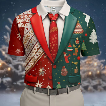 Red And Green Xmas Vintage Prints Men's Golf Polo Shirttmas Golf Shirt, Golf Gift For Men