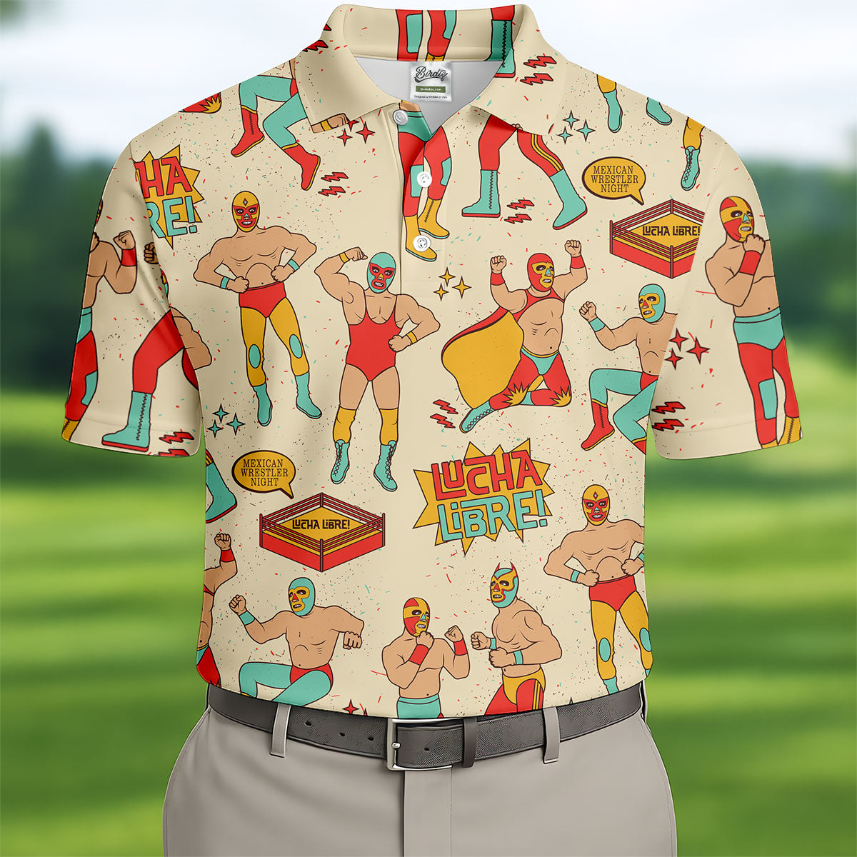 Beige Lucha Libre Mexican Wrestler Pattern Golf Shirt, Mens Golf Polo, Printed Golf Shirts