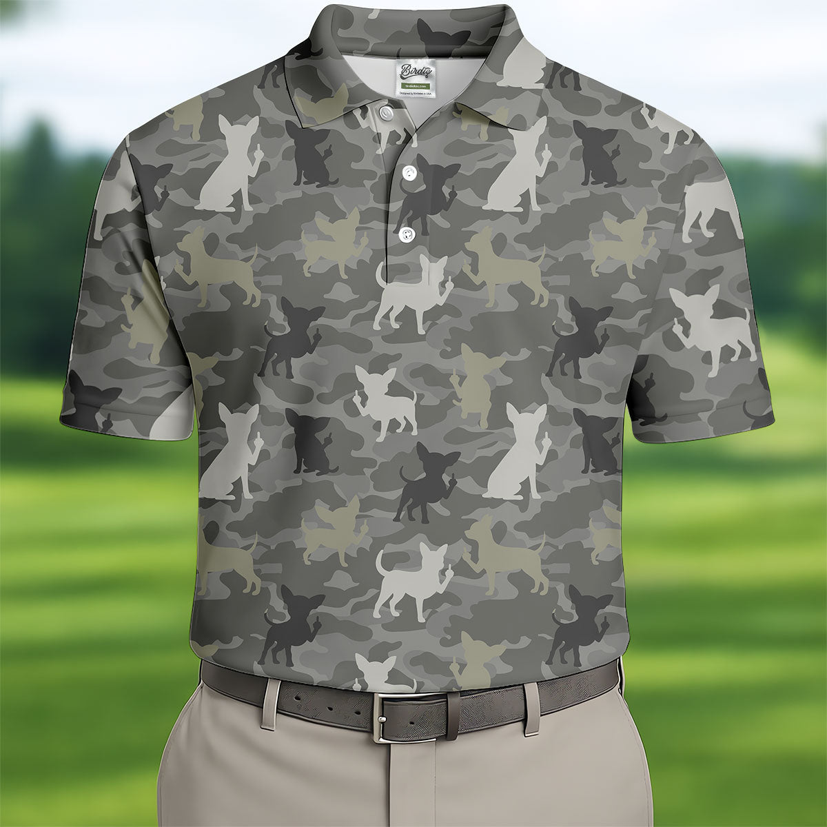 Grey Camo Chihuahua Dog Pattern Golf Shirt, Mens Polo Shirt, Golf Shirts For Men, Performance Golf Shirt