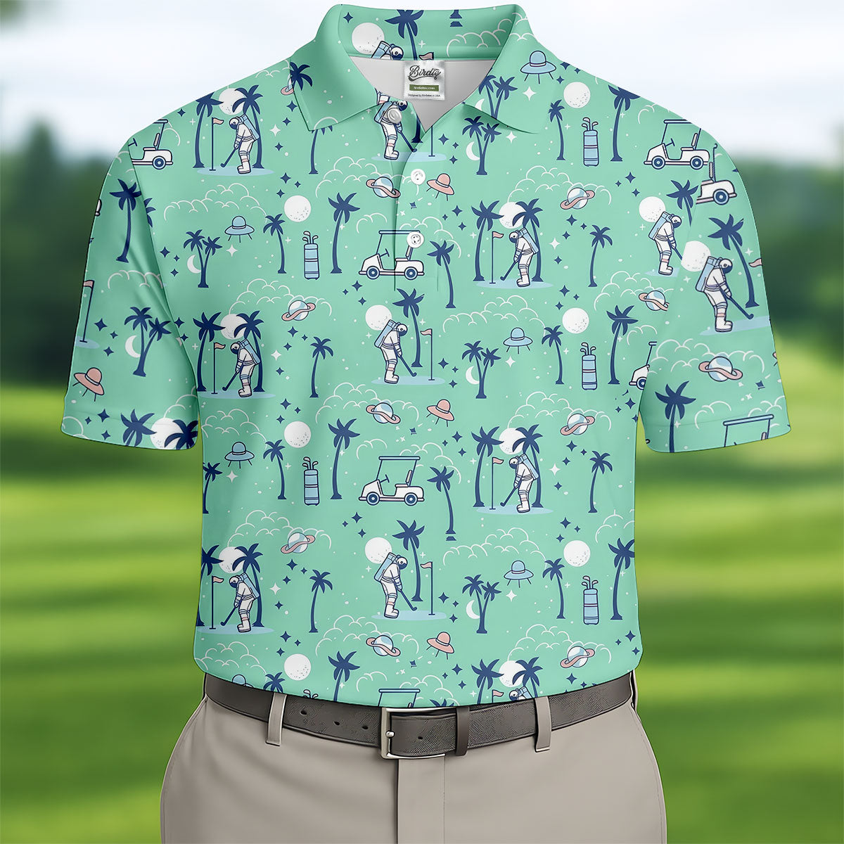 Astronaut Golfing Space Themed Tropical Golf Shirt, Golf Tops For Men, Golf Shirts For Men