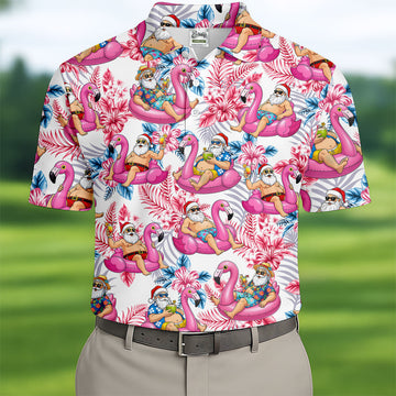 Santa Flamingo Float Tropical Christmas Golf Shirt, Christmas Hawaiian Shirt, Christmas Golf Shirt