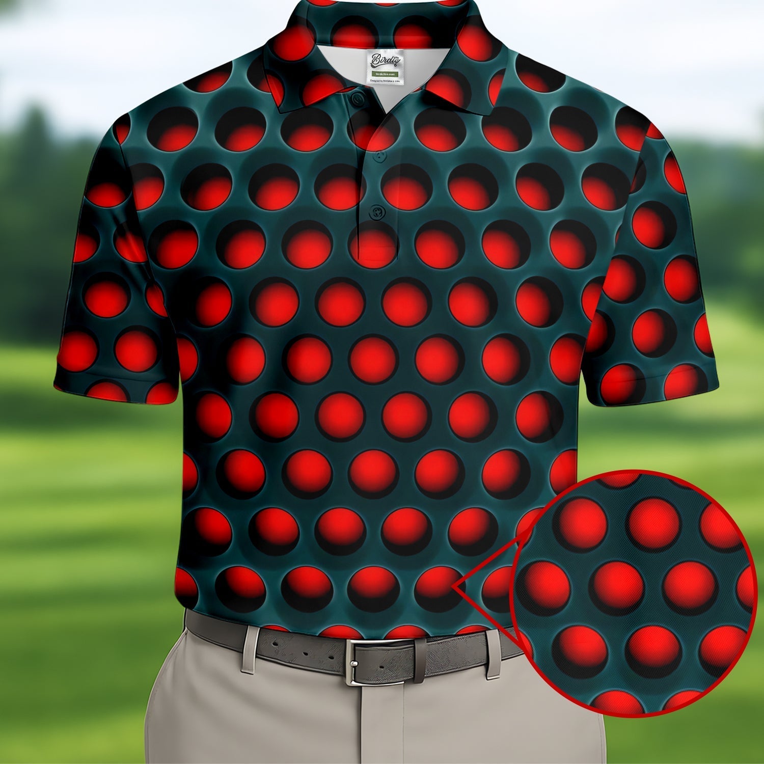 3D Effect Circular Pattern Red Golf Shirt, Cool Golf Outfit, Men's Funny Golf Shirts, Polo ShirtFor Men