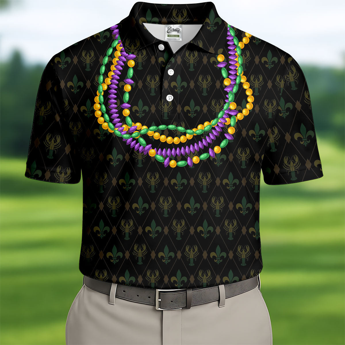 Mardi Gras Beads Chain Crawfish Fleur De Lis Black Golf Shirt, Polo ShirtFor Men, Golf Shirts For Men